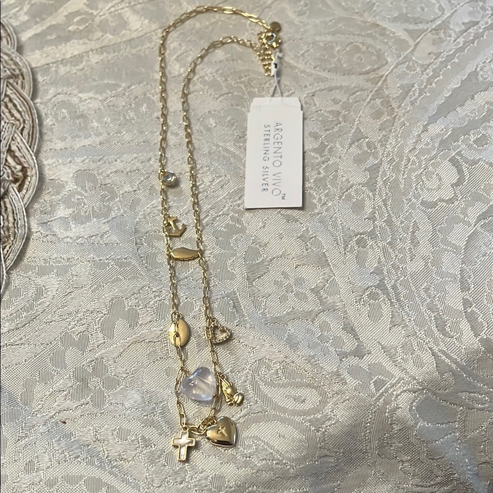 NWT Argento Vivo Sterling Silver Gold Tone Necklace with Charms Hearts/Crosses